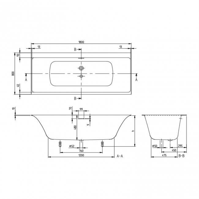 Villeroy & Boch Subway 3.0 Rectangular Quaryl Bath with Silent Flow 1800mm x 800mm - White Alpin  | Dimension Image