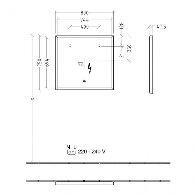 Villeroy & Boch Subway 3.0 LED Bathroom Mirror 750mm H x 800mm W - Black Matt/White Matt  | Dimension Image