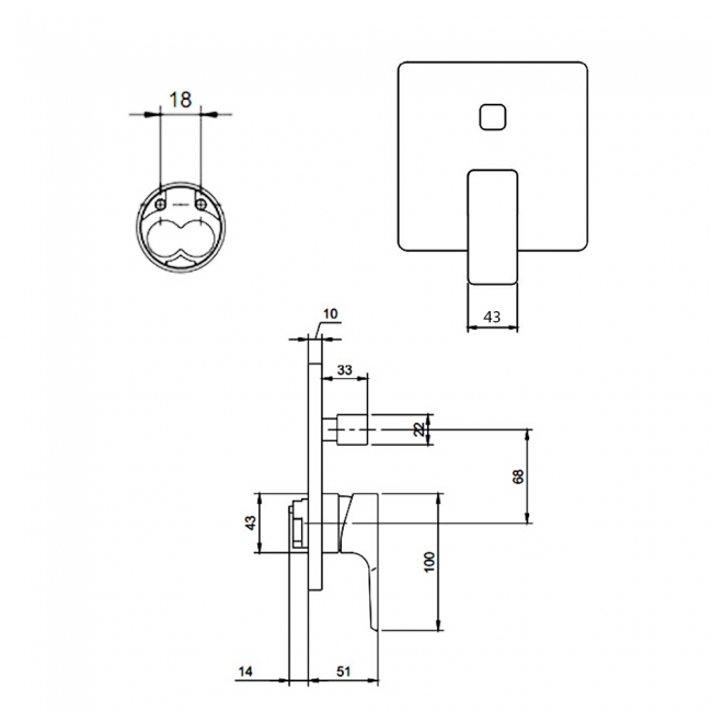 Villeroy & Boch Subway 3.0 Square Concealed Shower Valve with Diverter Single Handle - Matt Black  | Dimension Image