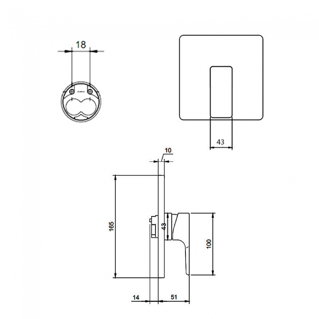 Villeroy & Boch Subway 3.0 Square Concealed Shower Valve Single Outlet - Brushed Gold  | Dimension Image