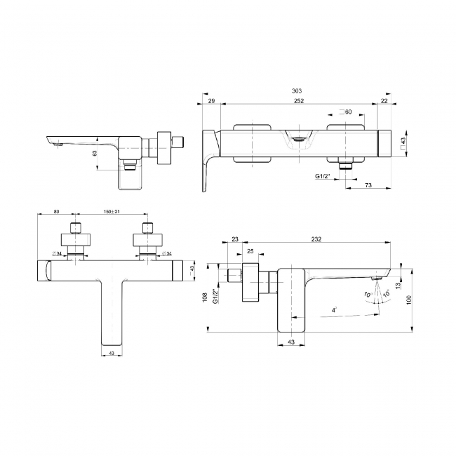 Villeroy & Boch Subway 3.0 Wall Mounted Bath Shower Mixer Tap - Chrome