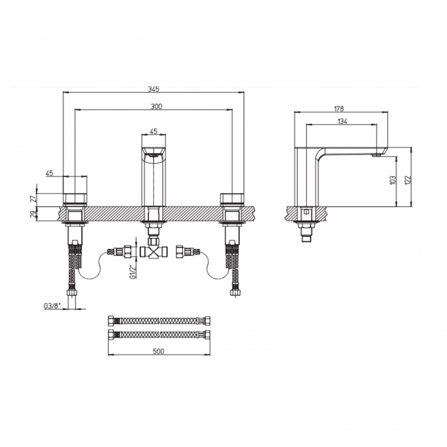 Villeroy & Boch Subway 3.0 Deck Mounted Basin Mixer Tap without Waste - Brushed Nickel Matt  | Dimension Image