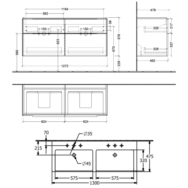 Villeroy & Boch Subway 3.0 Wall Hung 4-Drawer Vanity Unit with Basin 1300mm Wide - Graphite with Glossy Aluminium Handle