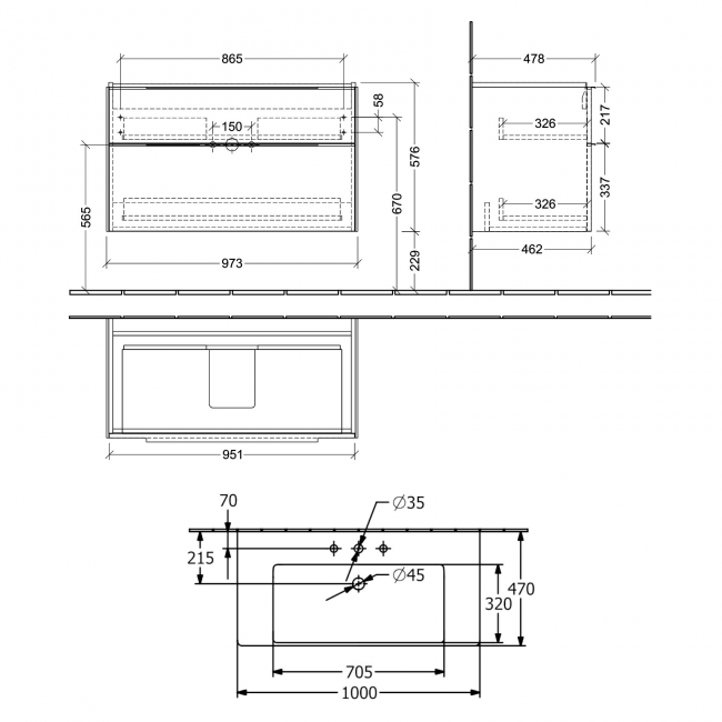 Villeroy & Boch Subway 3.0 Wall Hung 2-Drawer Vanity Unit with Basin 1000mm Wide - Oak Kansas with Glossy Aluminium Handle