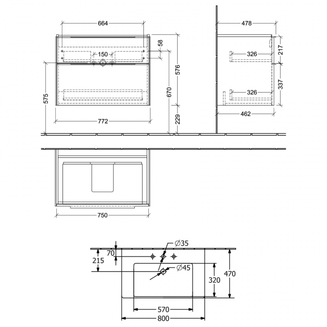 Villeroy & Boch Subway 3.0 Wall Hung 2-Drawer Vanity Unit with Basin 800mm Wide - Graphite with Monochrome Handle