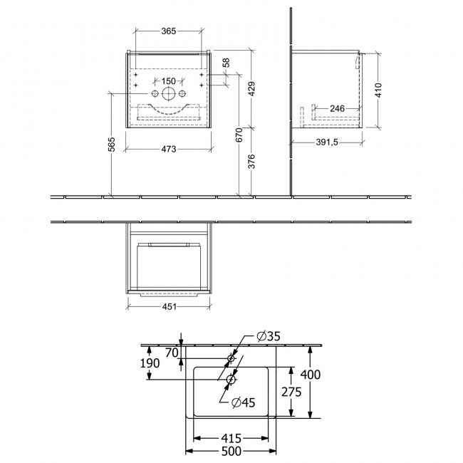 Villeroy & Boch Subway 3.0 Wall Hung 1-Drawer Vanity Unit with Basin 500mm Wide - Brilliant White with Glossy Aluminium Handle