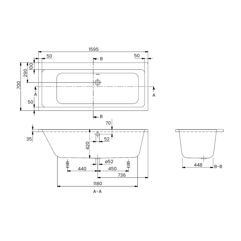 Villeroy & Boch Subway Rectangular Acrylic Bath 1600mm x 700mm - 0 Tap Hole
