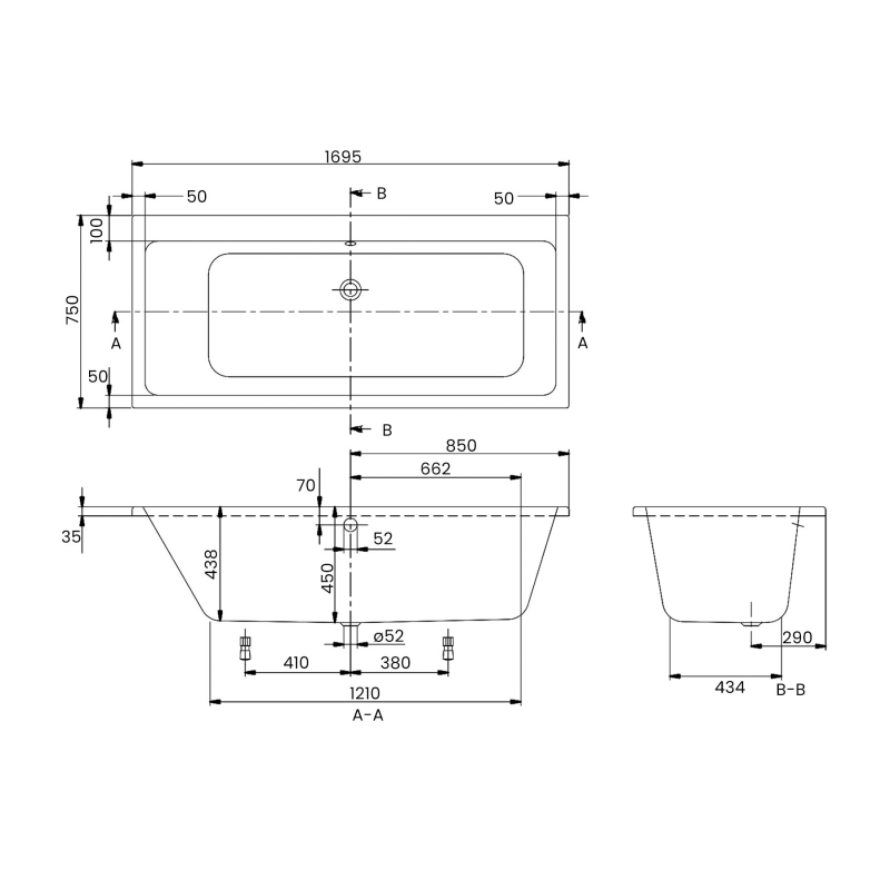 Villeroy & Boch Subway Rectangular Acrylic Bath 1700mm x 750mm - 0 Tap Hole