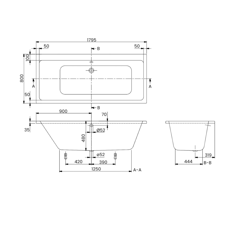 Villeroy & Boch Subway Rectangular Acrylic Bath 1800mm x 800mm - 0 Tap Hole