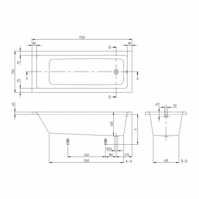Villeroy & Boch Targa Rectangular Single Ended Bath 1700mm x 700mm - 0 Tap Hole (inc Leg Set)