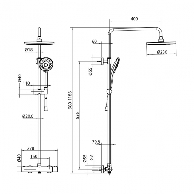 Villeroy & Boch Universal Thermostatic Round Bar Mixer Shower with Shower Kit and Fixed Head - Matt Black  | Dimension Image