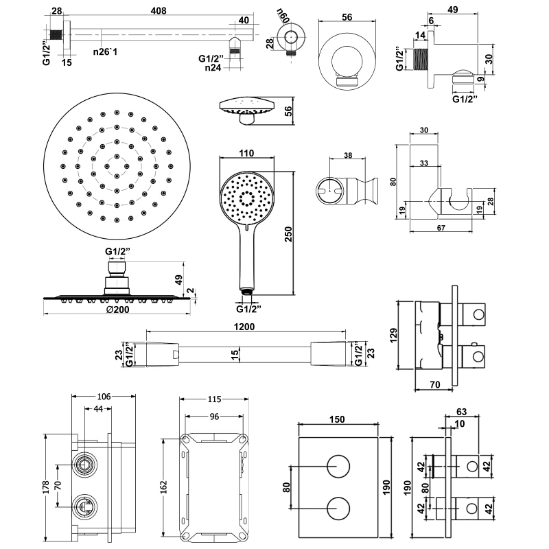 Villeroy & Boch Universal Dual Concealed Mixer Shower with Shower Handset and Round Fixed Head - Chrome  | Dimension Image