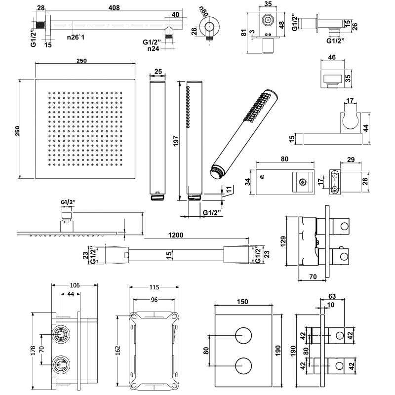 Villeroy & Boch Universal Dual Concealed Mixer Shower with Shower Handset and Square Fixed Head - Matt Black  | Dimension Image