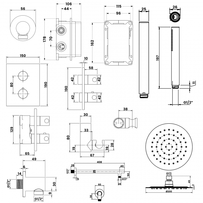 Villeroy & Boch Universal Dual Concealed Mixer Shower with Shower Kit, Round Fixed Head and Overflow Filler - Chrome  | Dimension Image