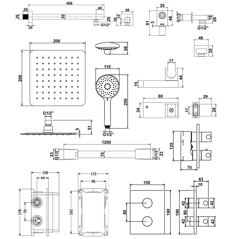 Villeroy & Boch Universal Dual Concealed Mixer Shower with Shower Handset and Square Fixed Head - Chrome  | Dimension Image