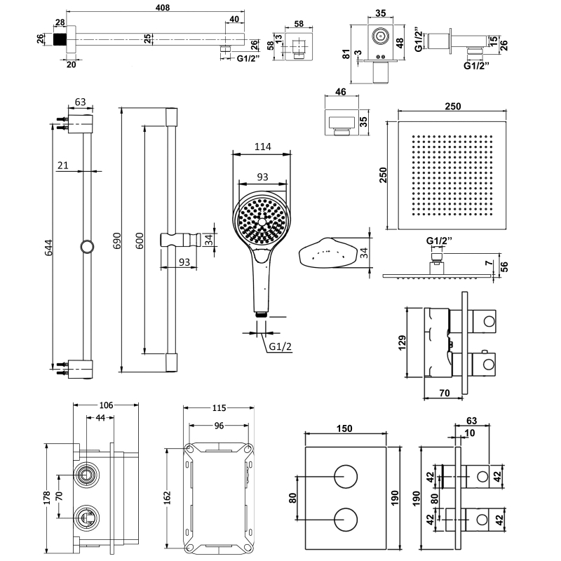Villeroy & Boch Universal Dual Concealed Mixer Shower with Shower Kit and Square Fixed Head - Chrome  | Dimension Image