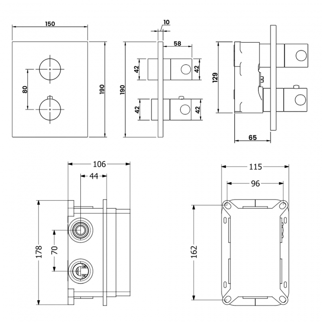 Villeroy & Boch Universal Thermostatic Concealed Shower Valve Two Outlet with Vi-Box Installation Unit - Chrome