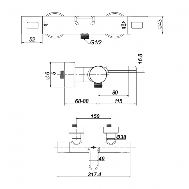 Villeroy & Boch Universal Thermostatic Round Bath Shower Mixer Tap - Brushed Nickel Matt