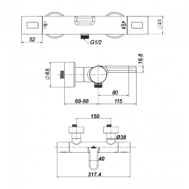 Villeroy & Boch Universal Thermostatic Round Bath Shower Mixer Tap - Brushed Gold