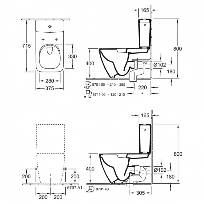 Villeroy & Boch Venticello Rimless Close Coupled Toilet DirectFlush with Push Button Cistern - Slim Wrapover Soft Close Seat  | Dimension Image