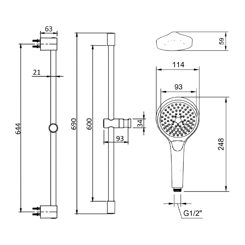 Villeroy & Boch Verve Slider Rail Shower Kit with Three Function Handset - Brushed Nickel Matt