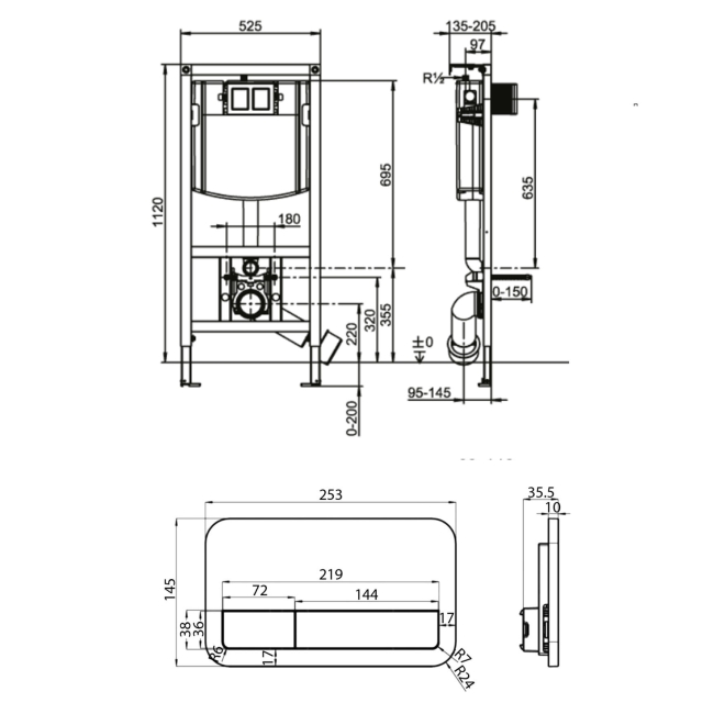 Villeroy & Boch ViConnect Wall Hung Toilet Frame 1120mm with White Flush Plate  | Dimension Image
