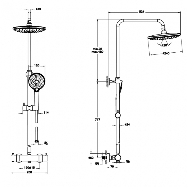 Vitra Aquaheat Bliss 240 Thermostatic Bar Mixer Shower with Shower Kit + Fixed Head - Chrome