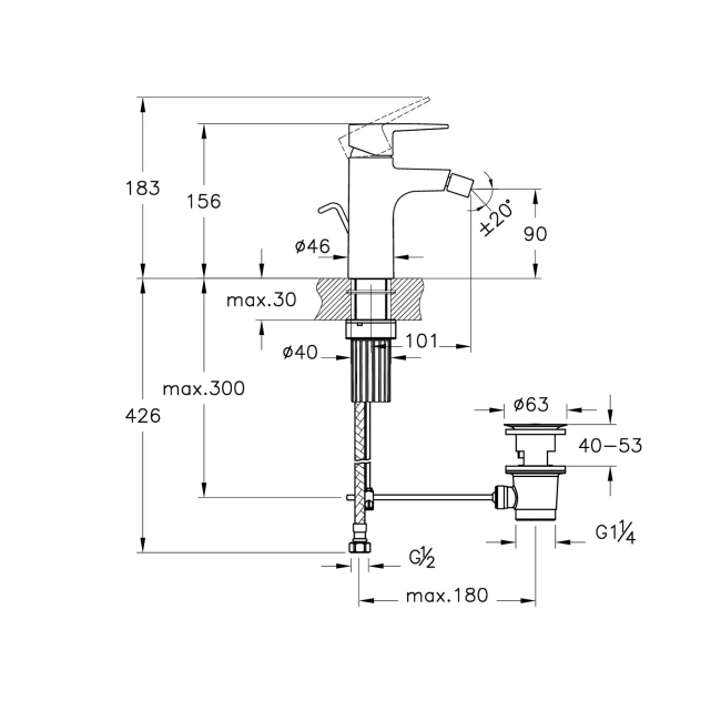 Vitra Flow Square Bidet Mixer Tap with Pop-up Waste - Chrome  | Dimension Image
