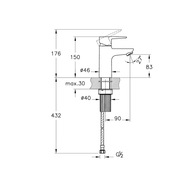 Vitra Flow Soft Standard Basin Mixer Tap - Matt Black  | Dimension Image