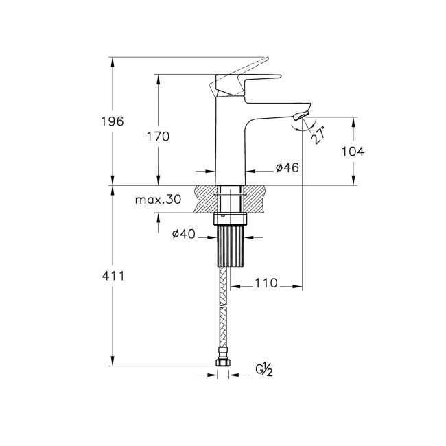 Vitra Flow Soft Large Basin Mixer Tap - Chrome  | Dimension Image
