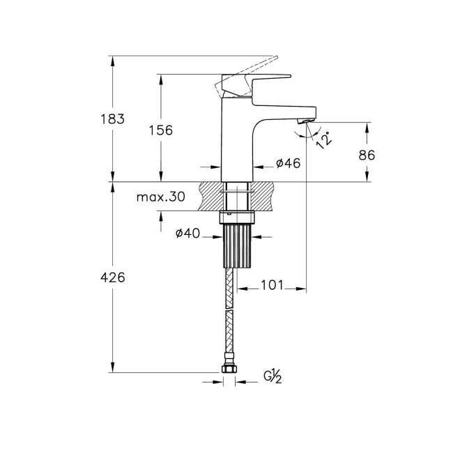 Vitra Flow Square Standard Basin Mixer Tap - Chrome  | Dimension Image
