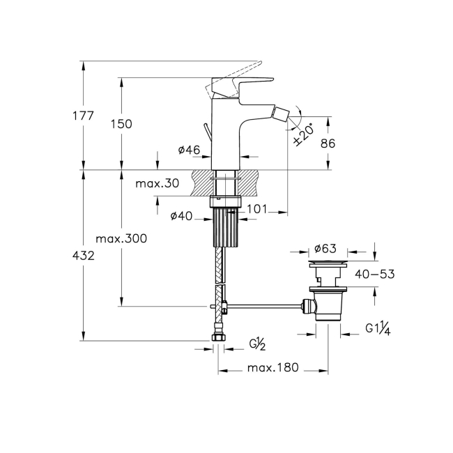 Vitra Flow Soft Bidet Mixer Tap with Pop-up Waste - Chrome  | Dimension Image