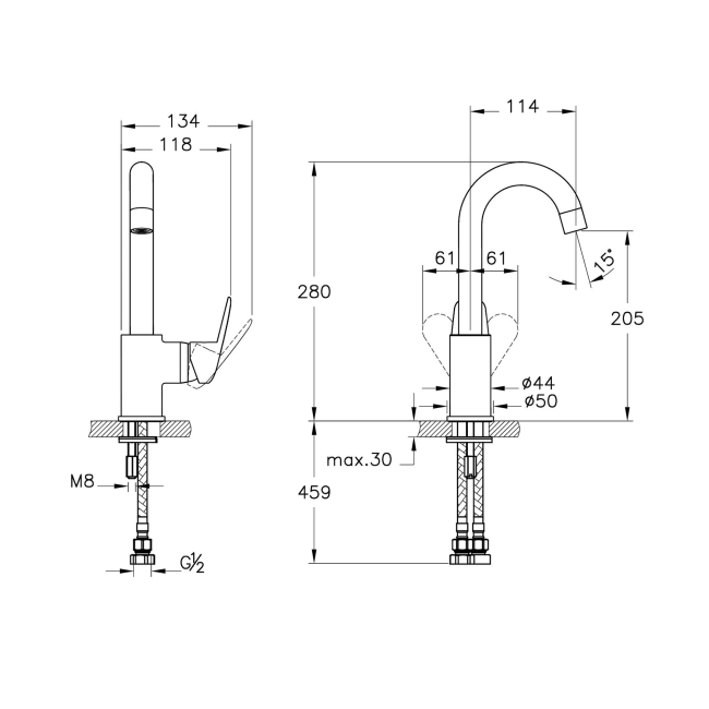 Vitra Flow Round Single Lever Side Action Basin Mixer Tap - Chrome  | Dimension Image