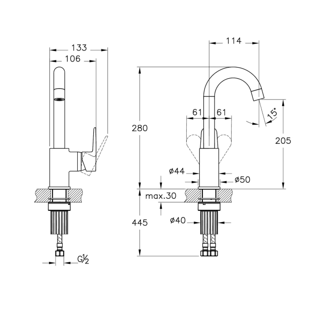 Vitra Flow Soft Single Lever Side Action Basin Mixer Tap - Chrome  | Dimension Image