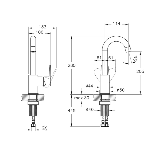 Vitra Flow Square Single Lever Side Action Basin Mixer Tap - Chrome  | Dimension Image