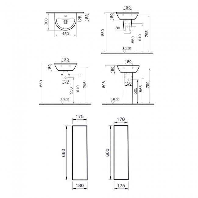 VitrA Integra Round Basin with Full Pedestal 450mm Wide - 1 Tap Hole  | Dimension Image