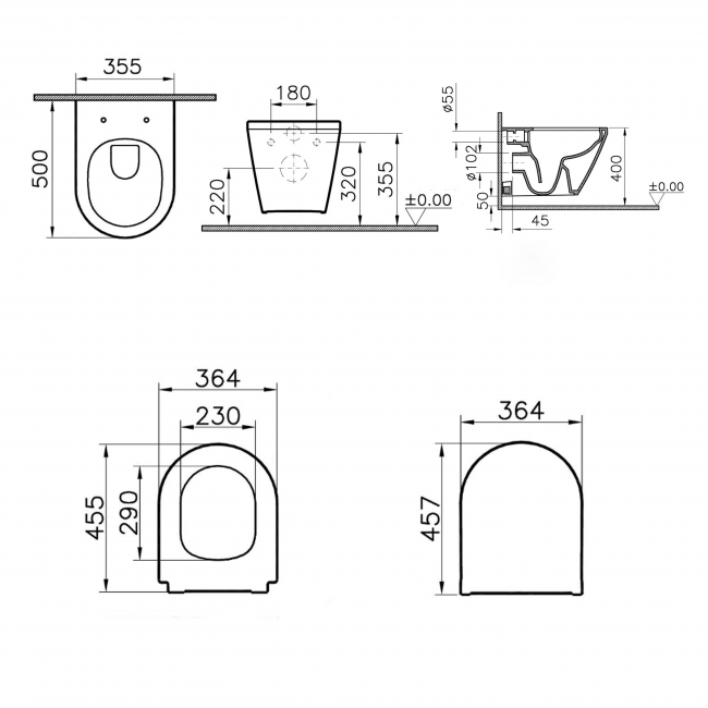 VitrA Integra Round Rimless Short Projection Wall Hung Toilet (inc Slim Seat)  | Dimension Image
