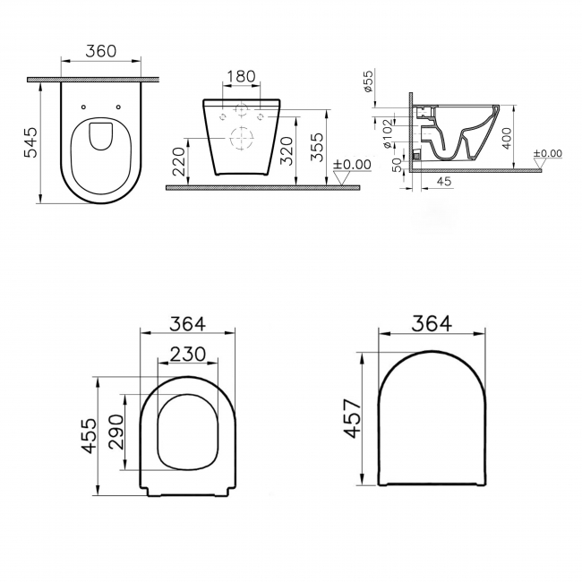 VitrA Integra Round Rimless Wall Hung Toilet with Hidden Fixations (inc Slim Seat)  | Dimension Image