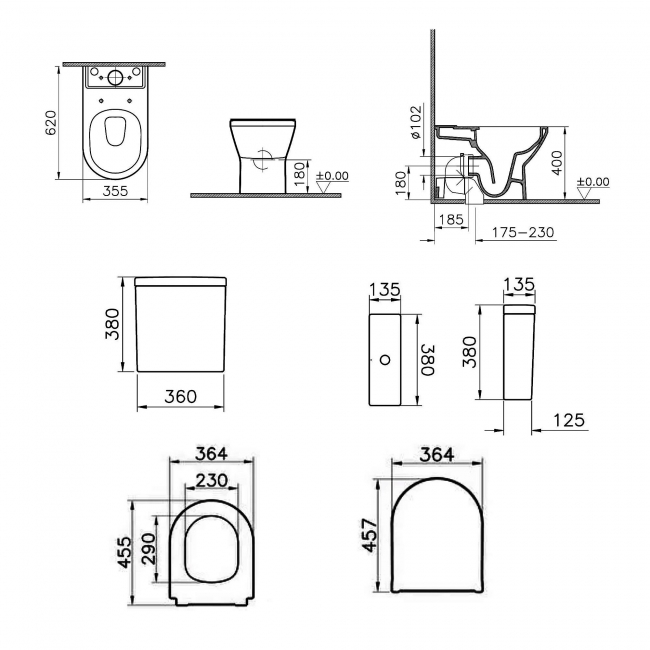 VitrA Integra Round Rimless Close Coupled BTW Toilet (inc Slim Seat)  | Dimension Image