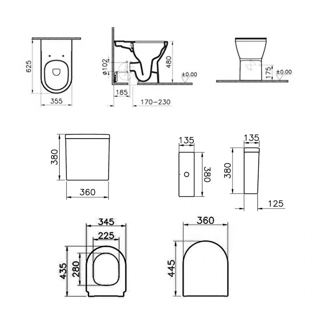 VitrA Integra Round Rimless Comfort Height Close Coupled BTW Toilet (inc Wrapover Seat)  | Dimension Image