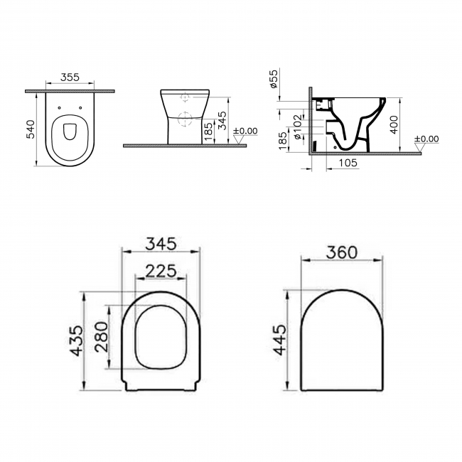 VitrA Integra Round Rimless Back-to-Wall Toilet (inc Slim Seat)  | Dimension Image