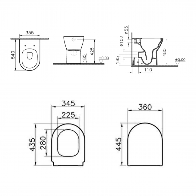 VitrA Integra Round Rimless Comfort Height Back-to-Wall Toilet (inc Slim Seat)  | Dimension Image