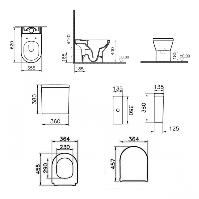 VitrA Integra Round Rimless Close Coupled Toilet (inc Slim Seat)  | Dimension Image