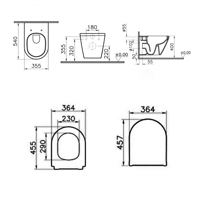 VitrA Integra Round Rimless Wall Hung Toilet (inc Slim Seat)  | Dimension Image