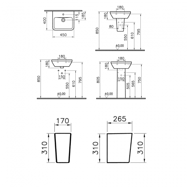 VitrA Integra Square Basin with Semi Pedestal 450mm Wide - 1 Tap Hole  | Dimension Image