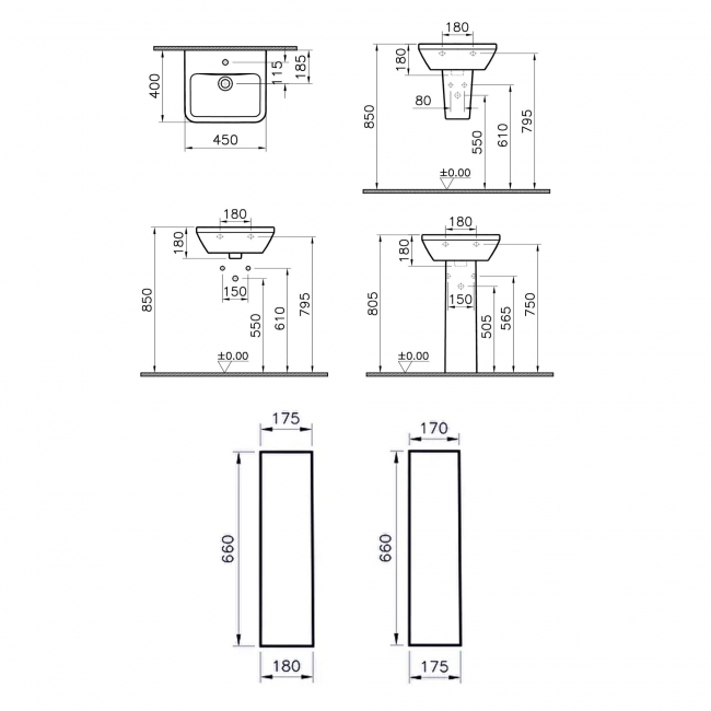 VitrA Integra Square Basin with Full Pedestal 450mm Wide - 1 Tap Hole  | Dimension Image