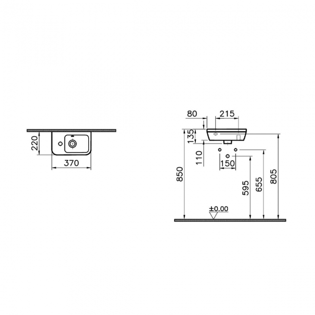 VitrA Integra Square Compact Wall Hung Basin 370mm - 1 LH Tap Hole  | Dimension Image