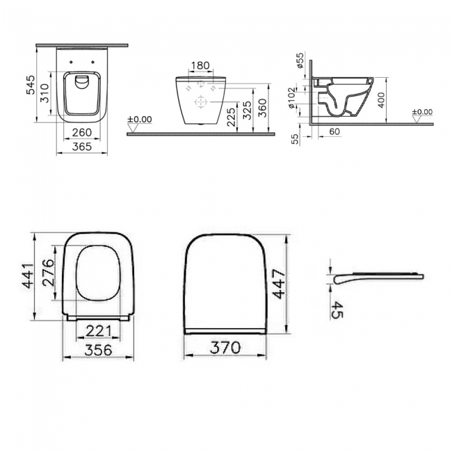 VitrA Integra Square Rimless Wall Hung Toilet (inc Slim Sandwich Seat)  | Dimension Image