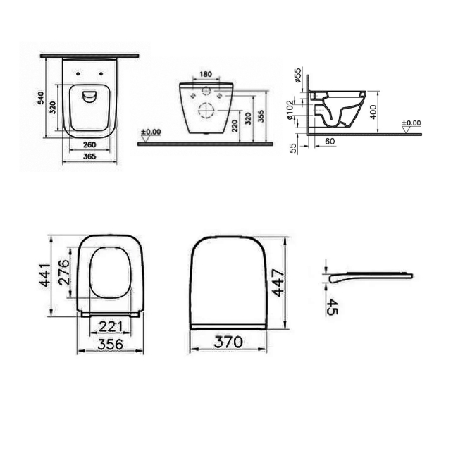 VitrA Integra Square Rimless Wall Hung Toilet (inc Slim Wrapover Seat)  | Dimension Image