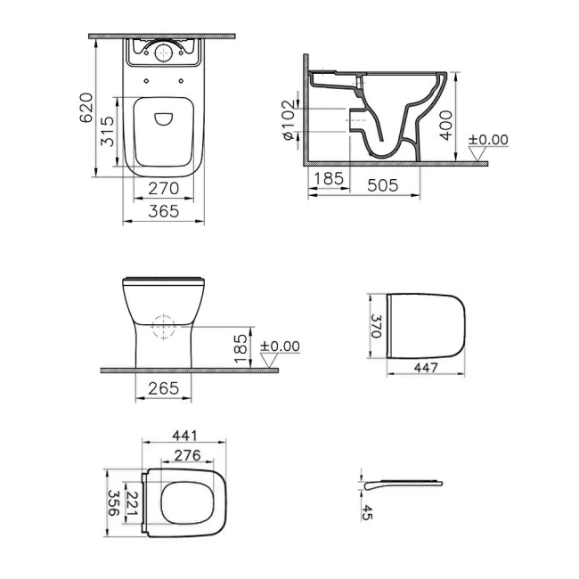 VitrA Integra Square Rimless Close Coupled BTW Toilet (inc Wrapover Seat)  | Dimension Image